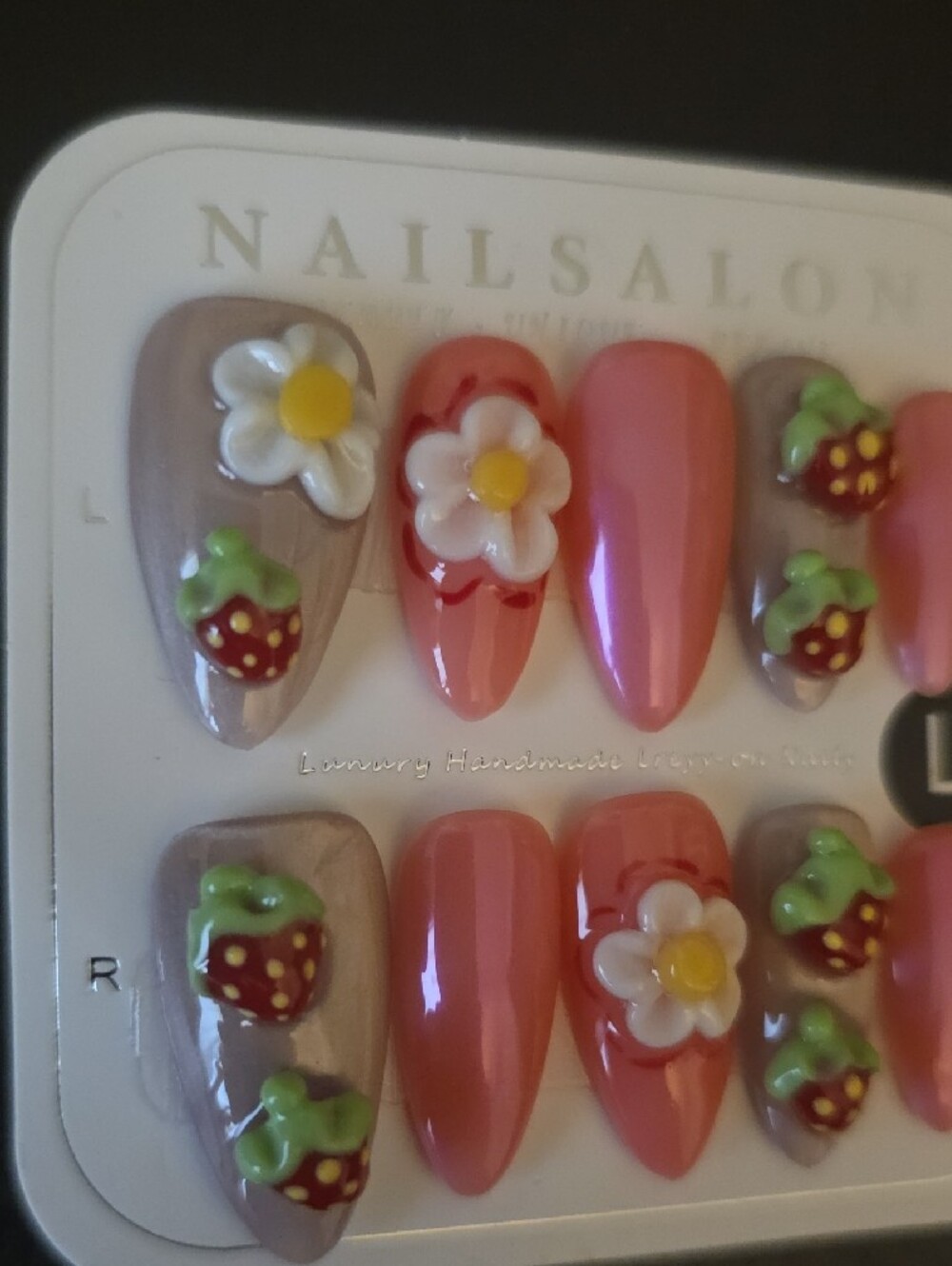 Pink Floral & Strawberry  Press-On Nail Set Large1 Set - Picture 4 of 4